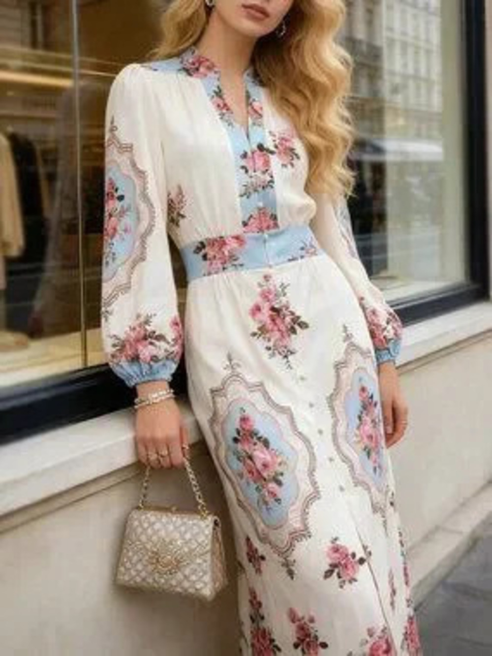 ZARA Beige Elegant Women's Print V-Neck Waist Cinched Long Dress